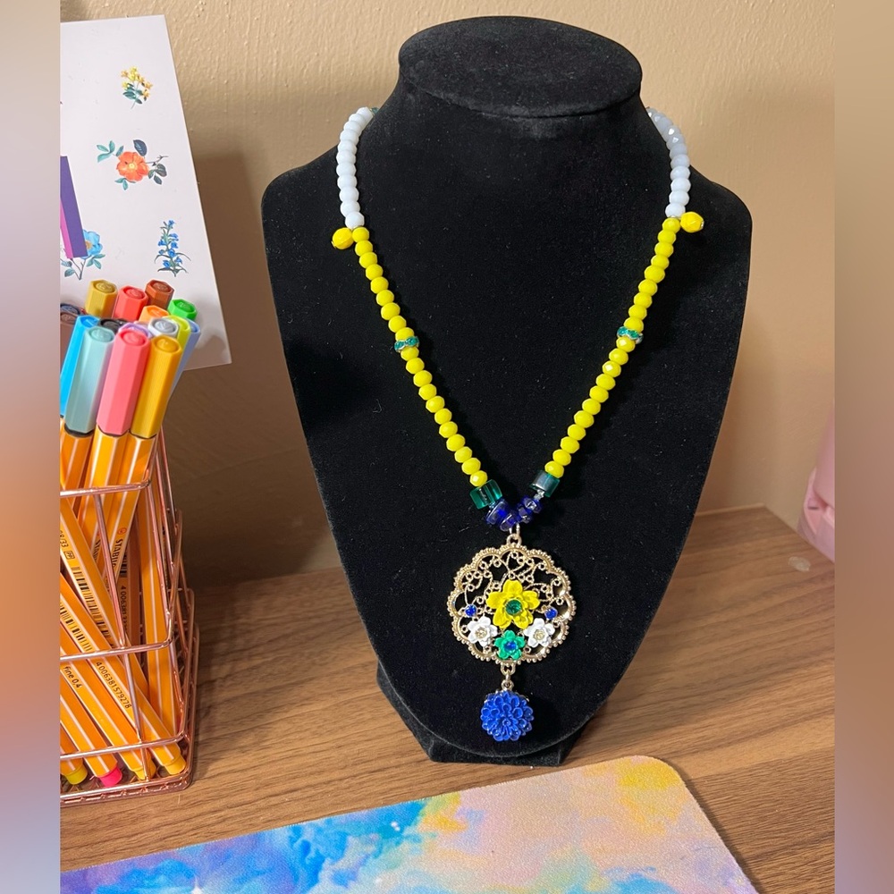 Yellow & Blue Glass Beaded Necklace w/ Floral Pendant